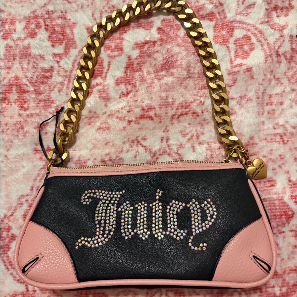 Juicy Couture Black and Pink Shoulder Bag with Gold Chain